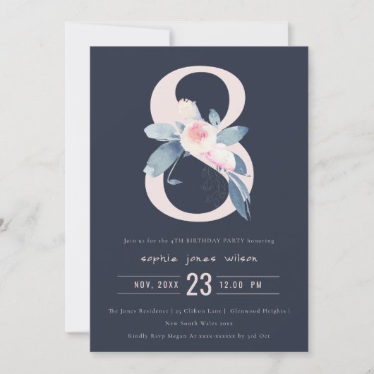 INVITATION SOFT NAVY BLUSH BLEU FLORAL 8E TOUT ÂGE ANNIVERSAI (Devant)