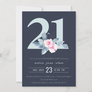 INVITATION SOFT NAVY BLUSH BLUE FLORAL 21E TOUT ÂGE ANNIVERSA