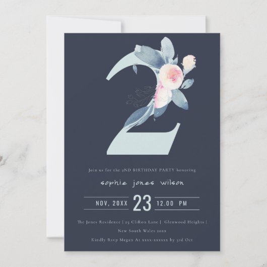 Invitation SOFT NAVY BLUSH BLUE FLORAL 2e TOUT ÂGE ANNIVERSAI (Devant)