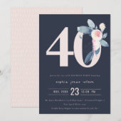 INVITATION SOFT NAVY BLUSH BLUE FLORAL 40E TOUT ÂGE ANNIVERSA (Devant / Derrière)
