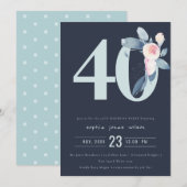 INVITATION SOFT NAVY BLUSH BLUE FLORAL 40E TOUT ÂGE ANNIVERSA (Devant / Derrière)