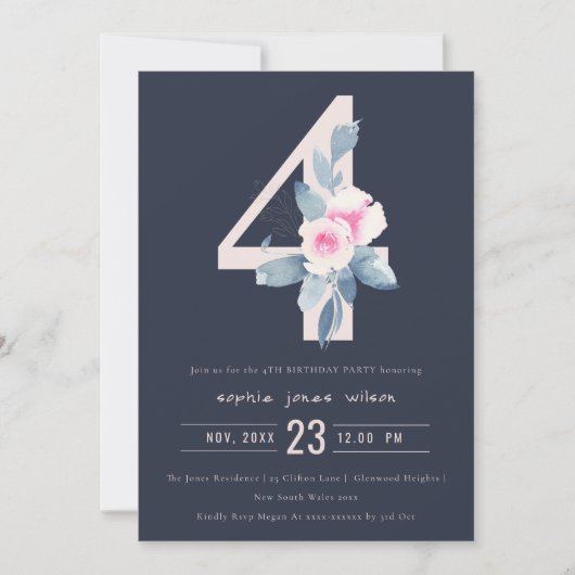 INVITATION SOFT NAVY BLUSH BLUE FLORAL 4TH N'IMPORTE QUEL ÂGE (Devant)
