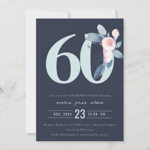 INVITATION SOFT NAVY BLUSH BLUE FLORAL 60E TOUT ÂGE ANNIVERSA