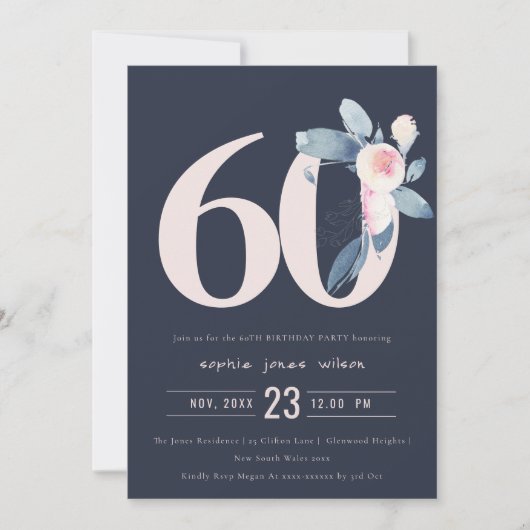 INVITATION SOFT NAVY BLUSH BLUE FLORAL 60E TOUT ÂGE ANNIVERSA (Devant)