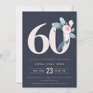 INVITATION SOFT NAVY BLUSH BLUE FLORAL 60E TOUT ÂGE ANNIVERSA