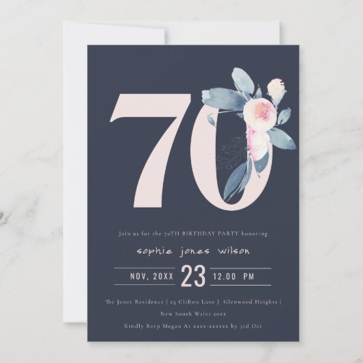 INVITATION SOFT NAVY BLUSH BLUE FLORAL 70E TOUT ÂGE ANNIVERSA (Devant)