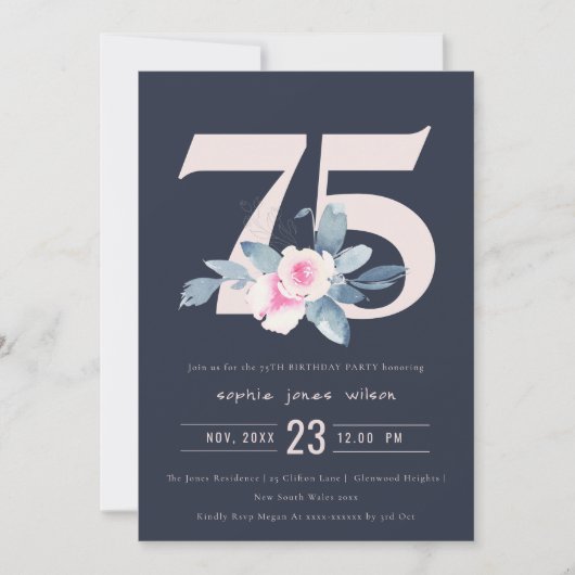 INVITATION SOFT NAVY BLUSH BLUE FLORAL 75E TOUT ÂGE ANNIVERSA (Devant)