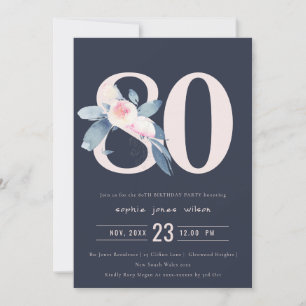 INVITATION SOFT NAVY BLUSH BLUE FLORAL 80E TOUT ÂGE ANNIVERSA