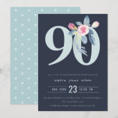 INVITATION SOFT NAVY BLUSH BLUE FLORAL 90E TOUT ÂGE ANNIVERSA (Devant / Derrière)