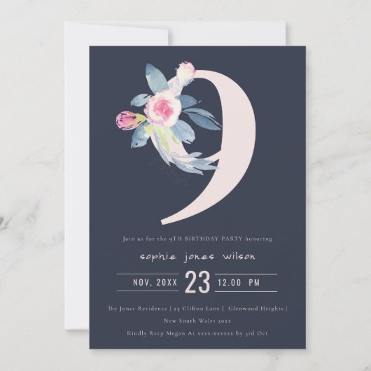 INVITATION SOFT NAVY BLUSH BLUE FLORAL 9E TOUT ÂGE ANNIVERSAI (Devant)