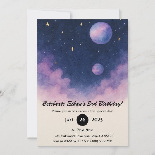 Invitation Soft Night Sky with Planets and Clouds Birthday (Devant)