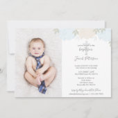 Invitation Soft Pastel Blue Peonies Cross Boy Baptême (Devant)