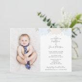 Invitation Soft Pastel Blue Peonies Cross Boy Baptême (Debout devant)