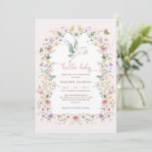 Invitation Soft Pastel Fleur sauvage Stork Baby Girl Douche (Debout devant)