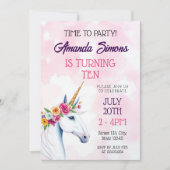 Invitation Soft Pastel Floral Unicorn Fantasy 10th Birthday (Devant)