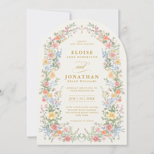 Invitation Soft Pastel Ornate Spring Floral Arch Gold Wedding (Devant)