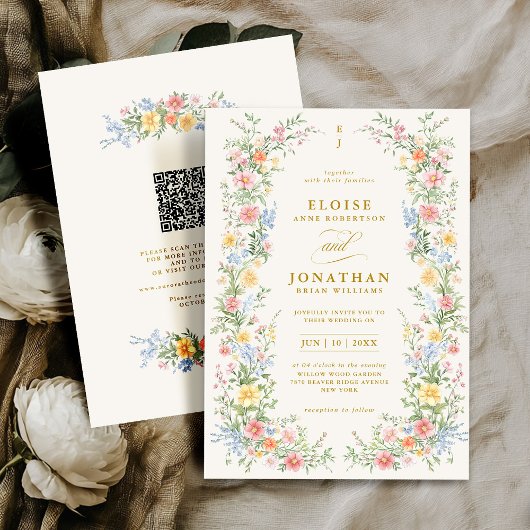 Invitation Soft Pastel Ornate Spring Floral QR Code Wedding