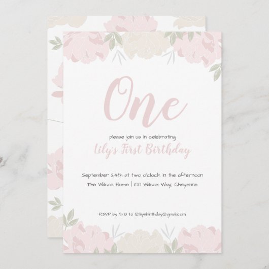 Invitation Soft Pastel Peonies Baby Girl's 1st Birthday Party (Devant / Derrière)