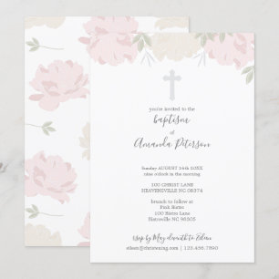 Invitation Soft Pastel Peonies Croix Girl Baptême
