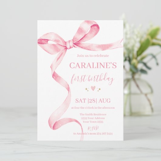 Invitation Soft Pastel Pink Bow 1st Birthday  (Debout devant)