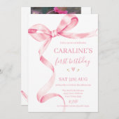 Invitation Soft Pastel Pink Bow 1st Birthday  (Devant / Derrière)