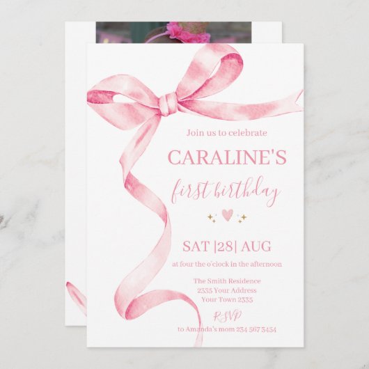 Invitation Soft Pastel Pink Bow 1st Birthday  (Devant / Derrière)