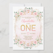 Invitation Soft Pastel Rose Rose Blush Gold Girl 1er annivers (Devant)