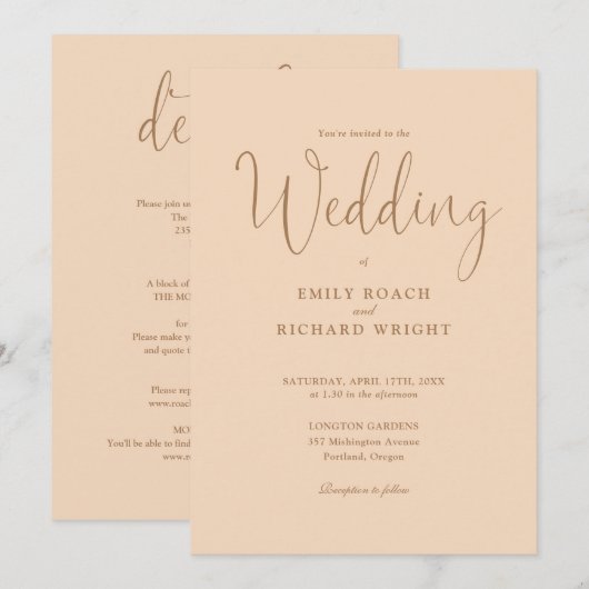 Invitation Soft Peach All In One Elegant Script Mariage (Devant / Derrière)
