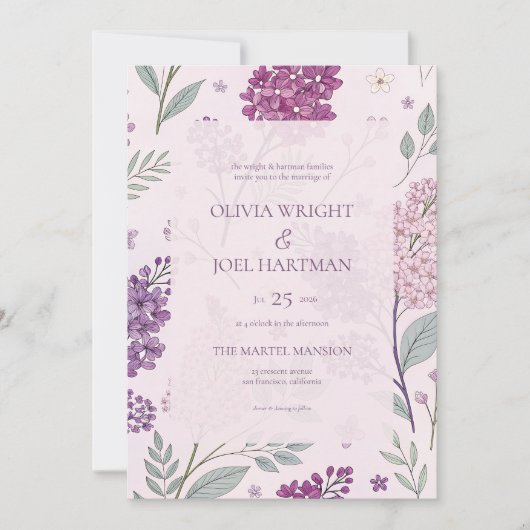 Invitation Soft Pink and Purple Lilac Floral Wedding  (Devant)