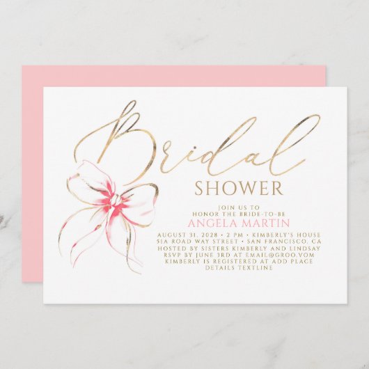 Invitation Soft Pink Bow Elegant Romantic Bridal Shower (Devant / Derrière)