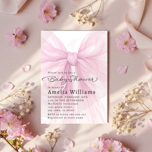 Invitation Soft Pink Bow Script Baby Shower Invite