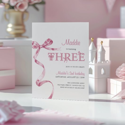Invitation Soft Pink Bow troisième fille anniversaire