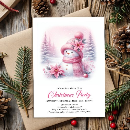 Invitation Soft Pink Coquette Snowman Digital Kids Christmas 