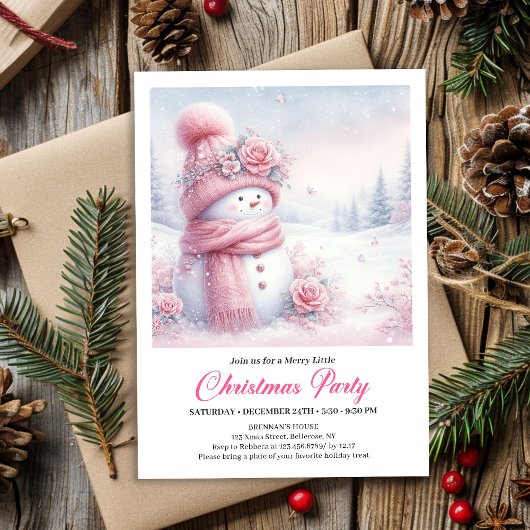 Invitation Soft Pink Coquette Snowman Editable Christmas Kids