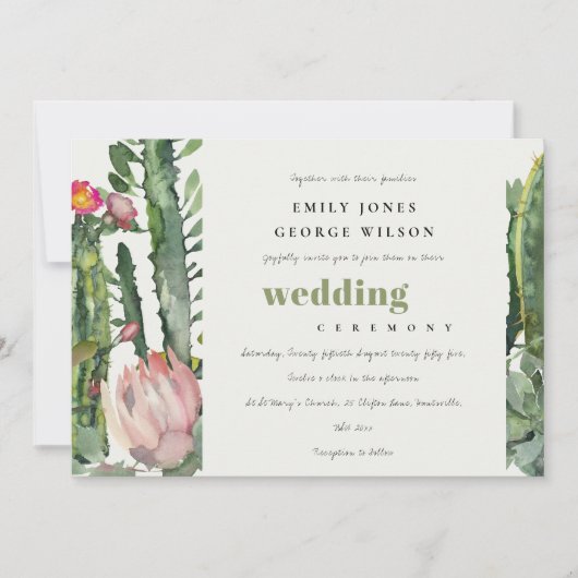 INVITATION SOFT PINK FLORAL DESERT CACTI WATERCOLOR MARIAGE (Devant)