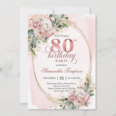 Invitation Soft Pink Floral Greenery Gold Glitter 80th Bday (Devant)