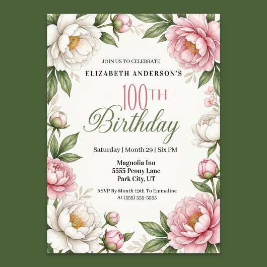 Invitation Soft Pink Magnolia and Peony 100th Birthday 
