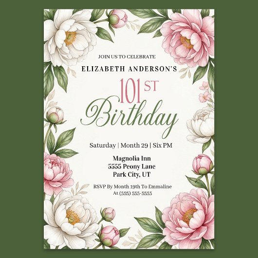 Invitation Soft Pink Magnolia and Peony 101st Birthday