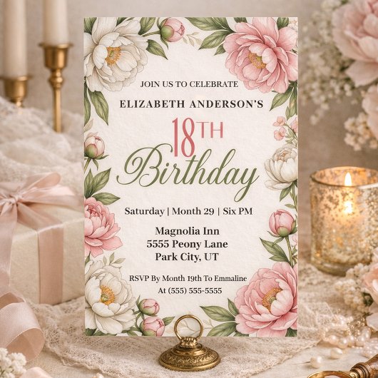 Invitation Soft Pink Magnolia and Peony 18th Birthday 