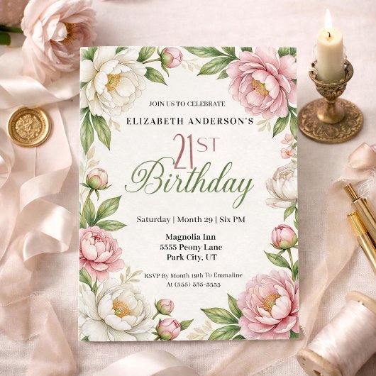 Invitation Soft Pink Magnolia and Peony 21st Birthday 