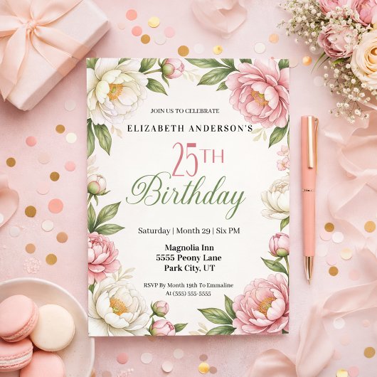 Invitation Soft Pink Magnolia and Peony 25th Birthday 