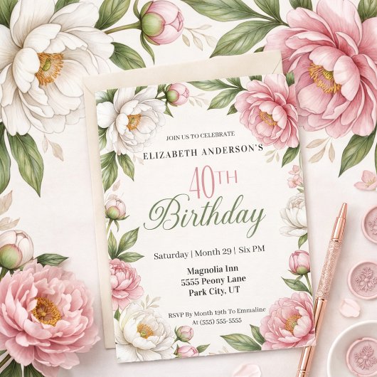 Invitation Soft Pink Magnolia and Peony 40th Birthday 