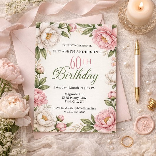 Invitation Soft Pink Magnolia and Peony 60th Birthday 