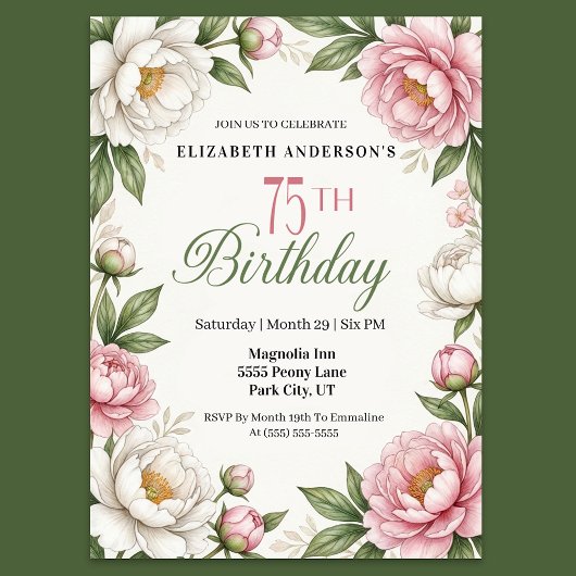 Invitation Soft Pink Magnolia and Peony 75th Birthday 