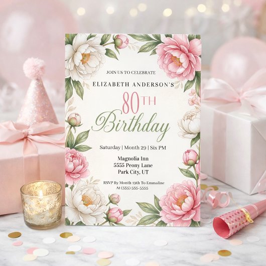Invitation Soft Pink Magnolia and Peony 80th Birthday 