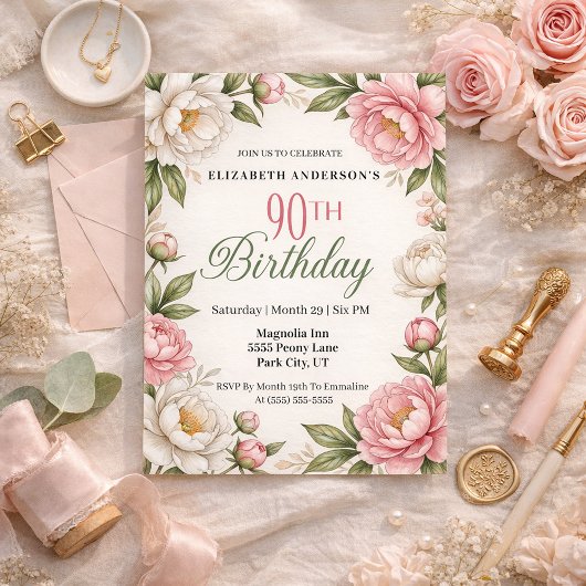 Invitation Soft Pink Magnolia and Peony 90th Birthday 