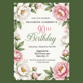 Invitation Soft Pink Magnolia and Peony 90th Birthday 