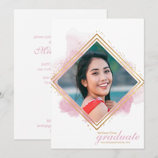 Invitation Soft Pink Pastel et Gold Diamond Graduation Invit (Devant / Derrière)