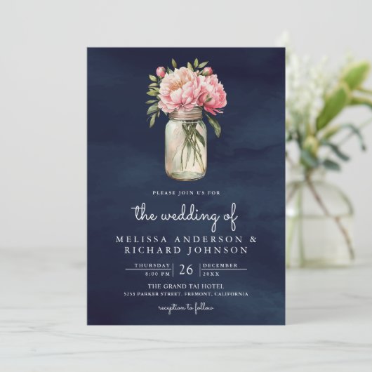 Invitation Soft Pink Peony Mason Jar QR Code Marine Mariage (Debout devant)