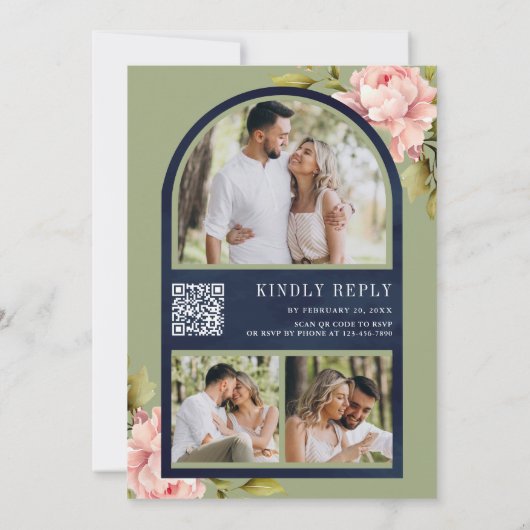 Invitation Soft Pink Peony Mason Jar QR Code Marine Mariage (Dos)